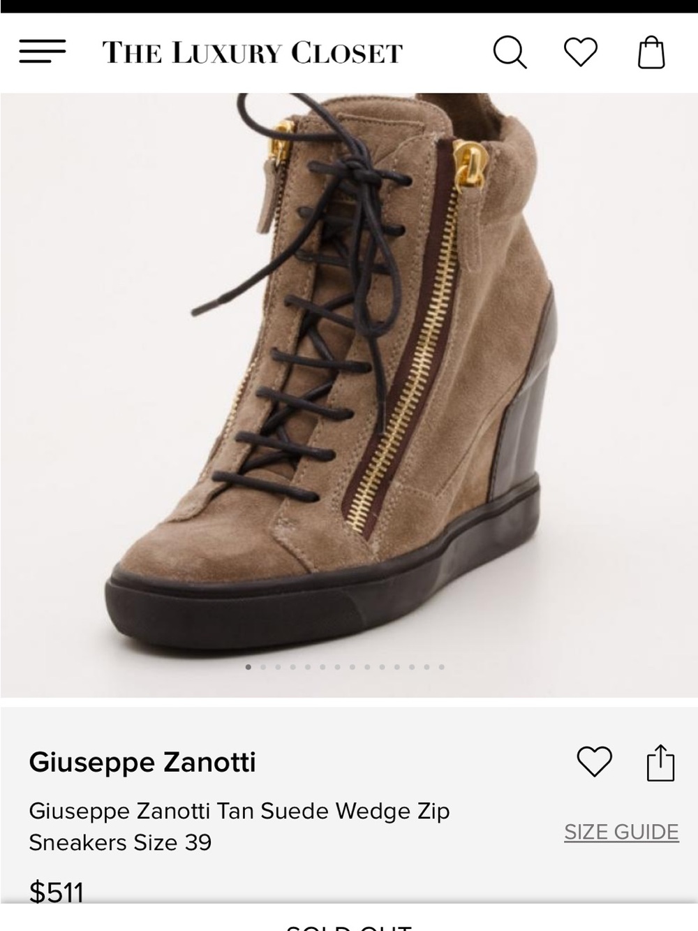 AUTHENTIC Giuseppe Zanotti Tan Suede Wedge Zip Sneakers size 39 USA 8